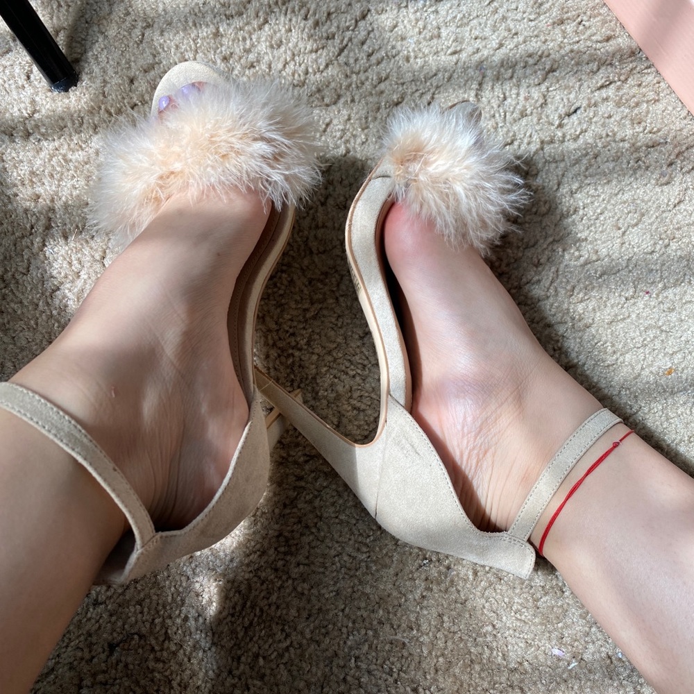 Nude fuzzy heels